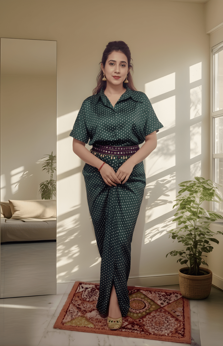 Front view of green polka dot dhoti dress Indo western fusion outfit